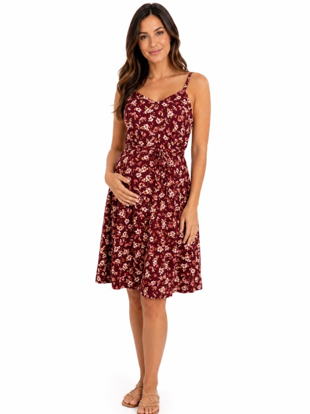 Motherhood Maternity Burgundy Multi Floral Ruffle Romantic Boho Dress Size M